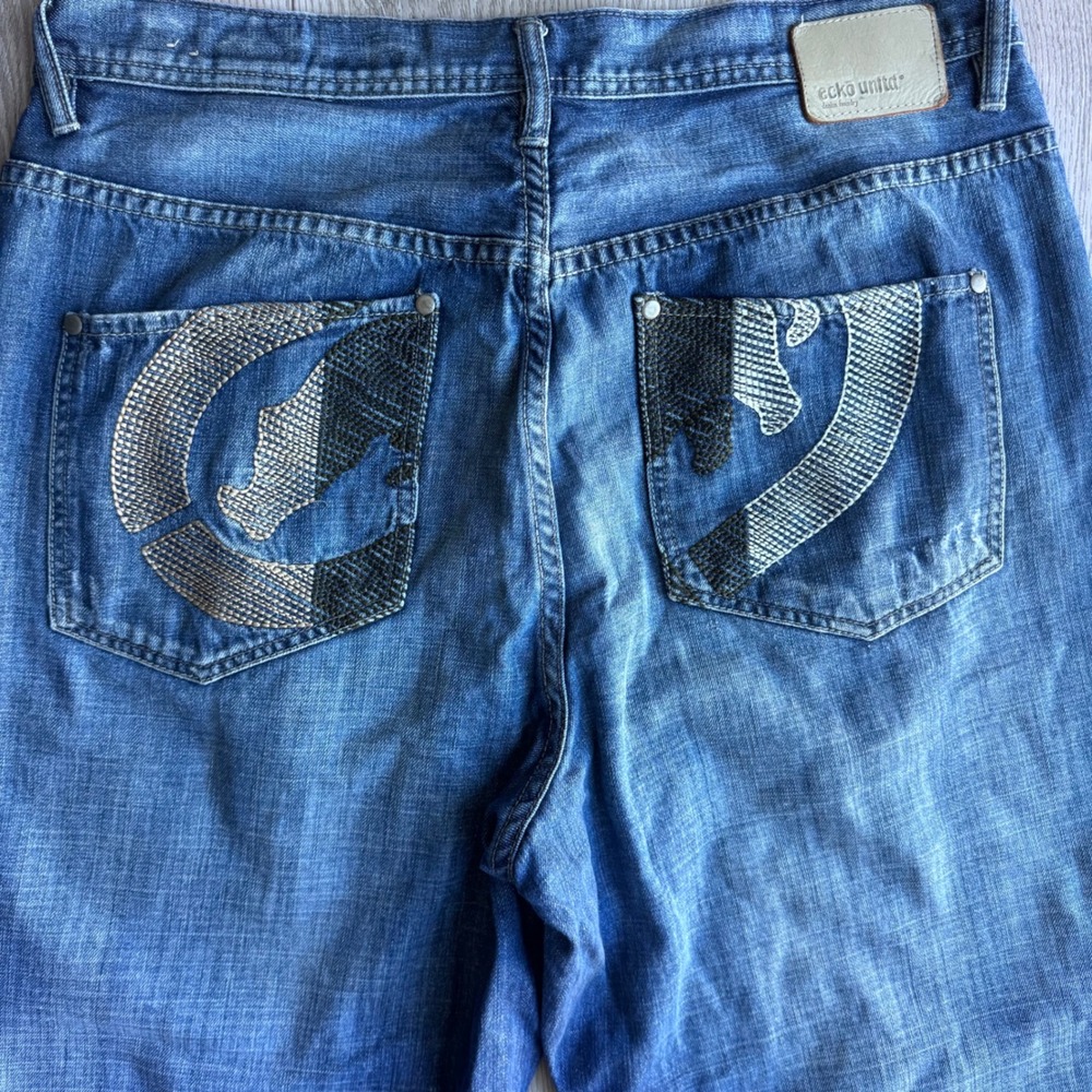 Ecko Unltd Baggy Jeans Mens 30 Y2K Embroidered Hip Hop Skater Denim Blue - Picture 2 of 9